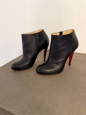 Christian Louboutin Black Leather Ankle Booties with Red Heel